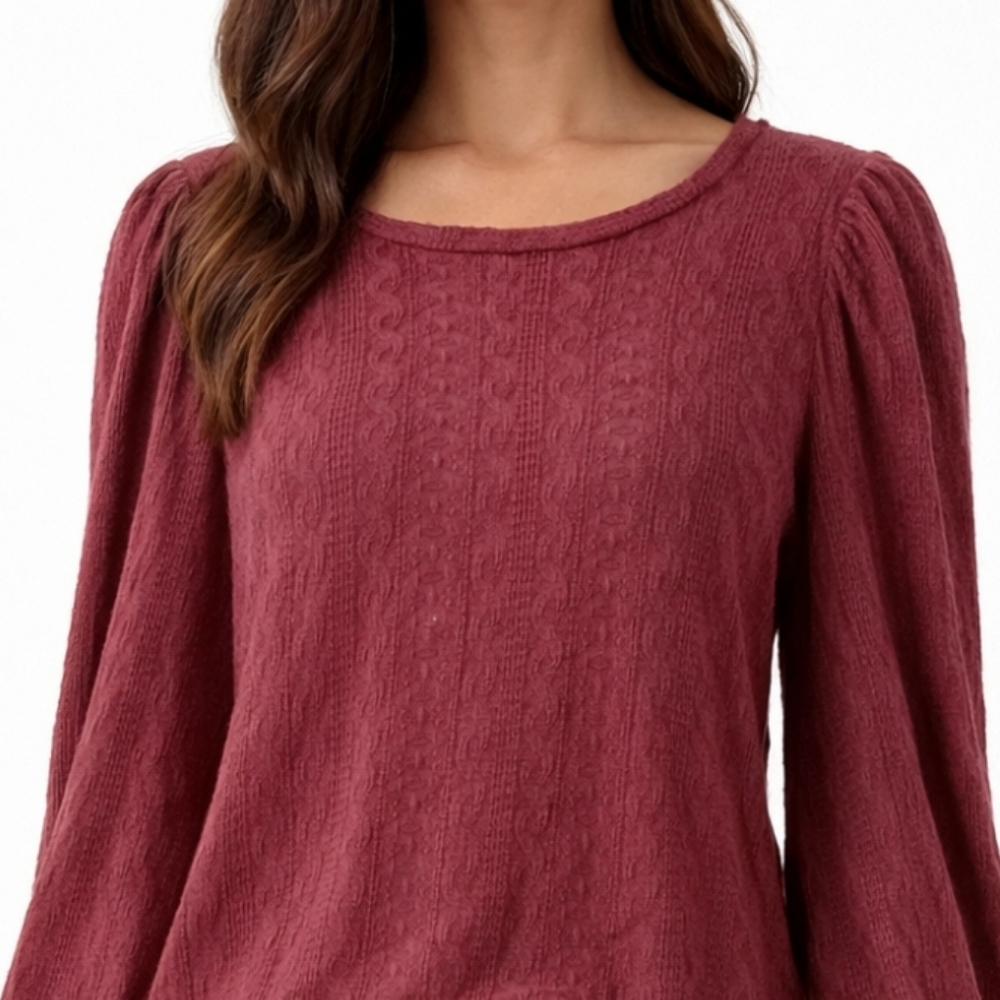 Loft Burgundy Puff Sleeve Knit Long Sleeve Top Size M
